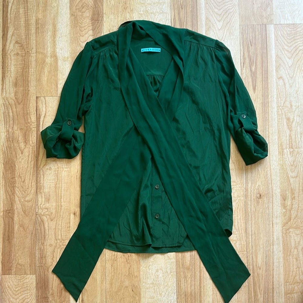 alice + olivia Silk Green Blouse with Front Tie Size S
